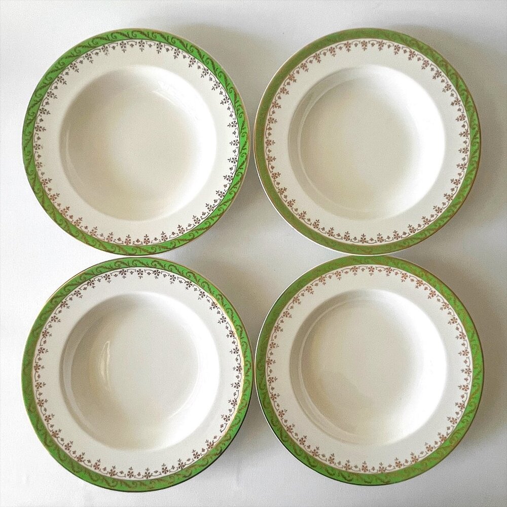 Vtg Alfred Meakin Pride of Erin 4 Rim Soup Bowls Gold Trim 8" Rare Shamrock Mark